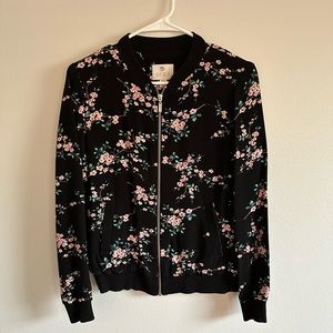 Lila Rose Floral Cherry Blossom Black Bomber Jacket Zip Up Front Pockets Size XS